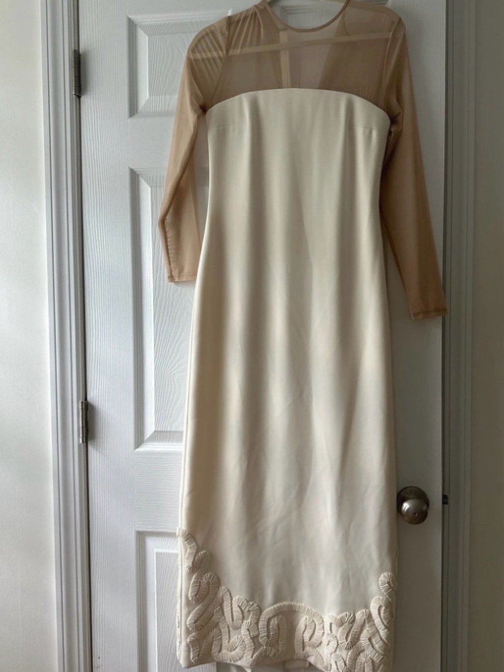 Elegant Cream midi  Dress with Sheer Nude Sleeves